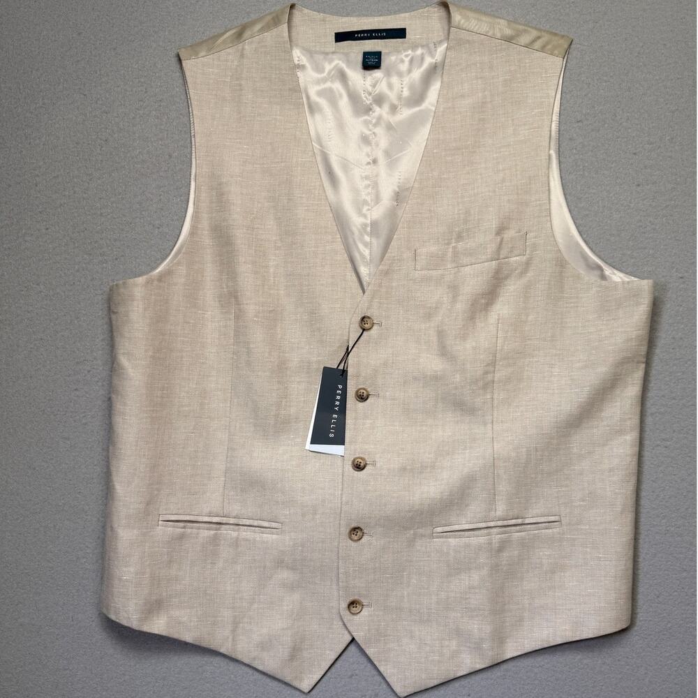 Perry Ellis Men's Linen Herringbone Vest - Natural Linen XL $98